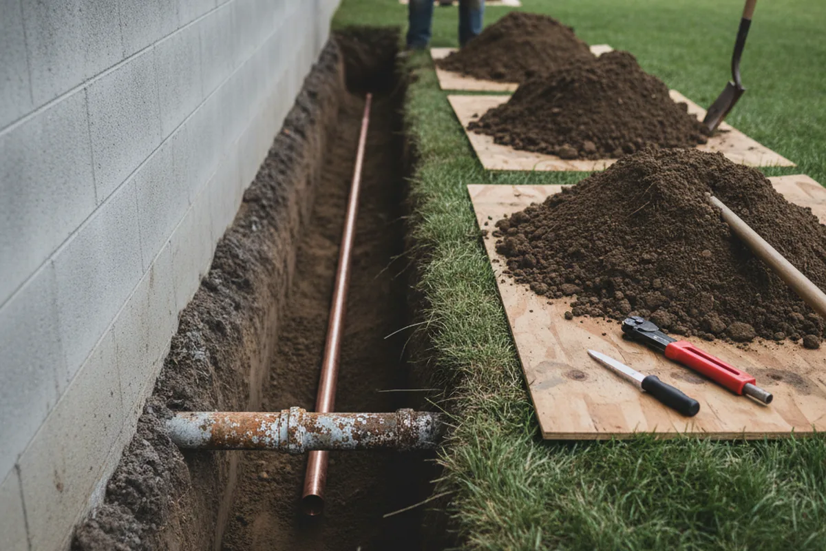 Excavated water line trench during Sewer Line Repair in Micro